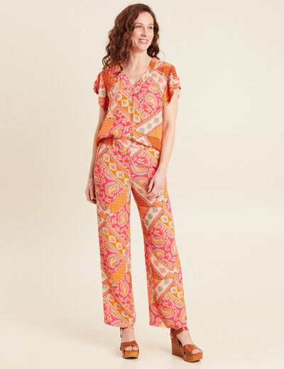 Pantalon large taille haute orange femme