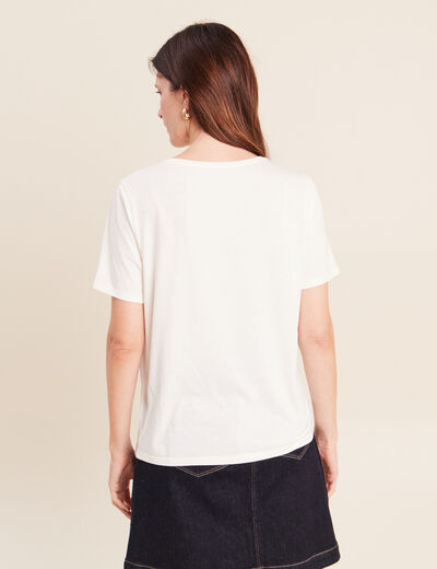 T-shirt &agrave; message col rond ecru femme