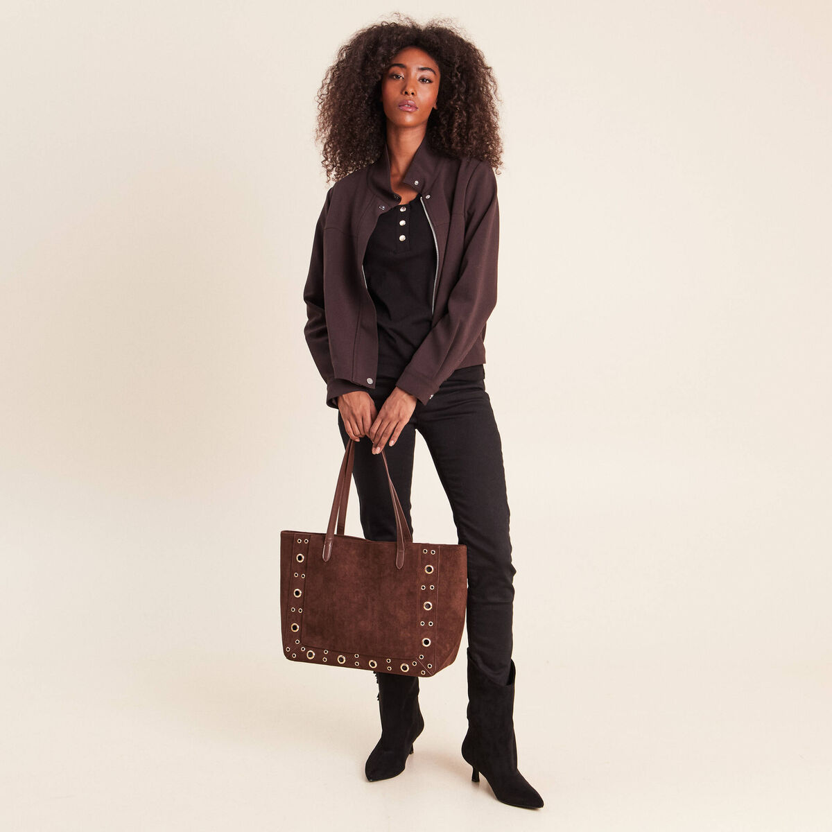 Veste ample courte col montant marron fonc&eacute; femme