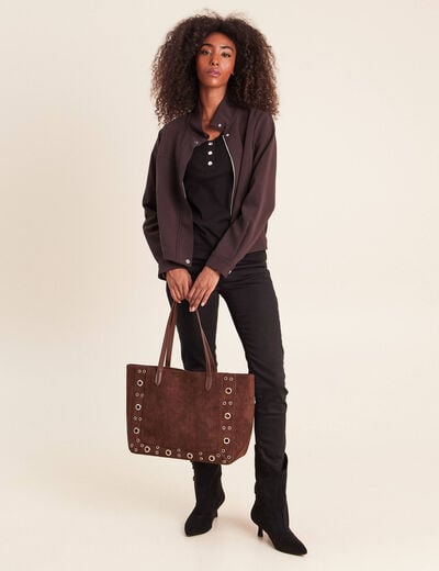 Veste ample courte col montant marron fonc&eacute; femme