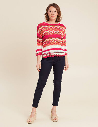 Pull manches 3/4 ajouré rose fushia femme