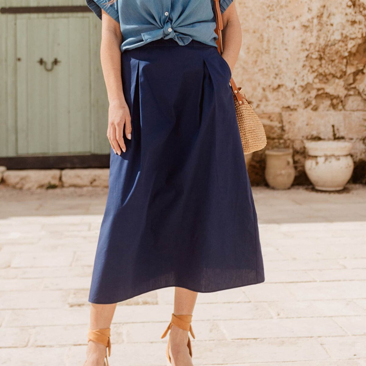 Jupe longue évasée bleu foncé femme