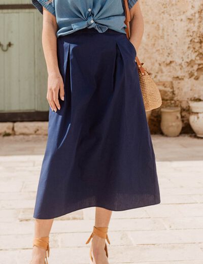 Jupe longue évasée bleu foncé femme