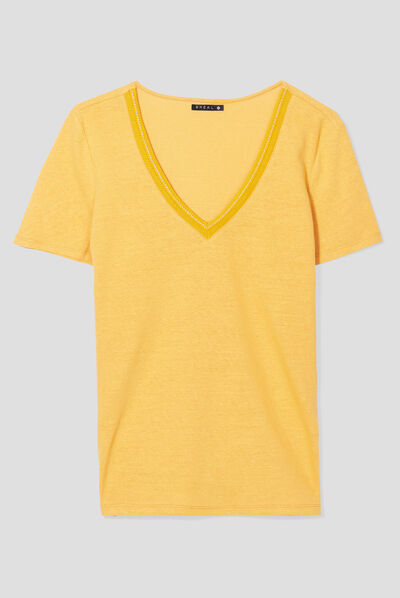 T-shirt manches courtes col en V jaune moutarde femme