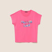 T-shirt col rond manches courtes brod&eacute; rose fushia femme