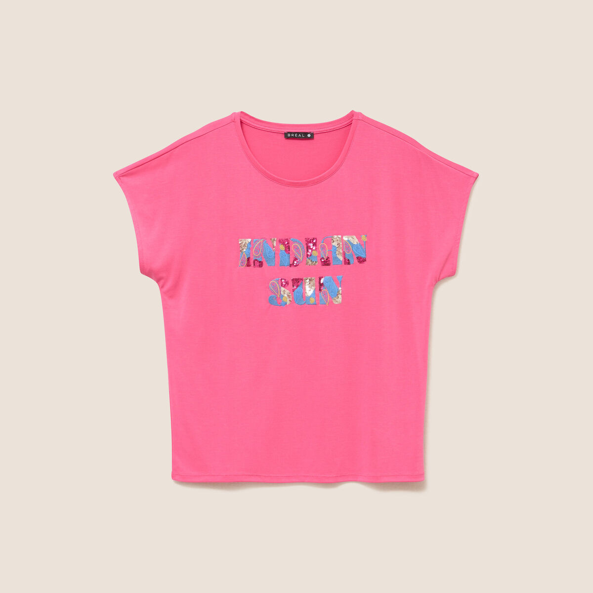 T-shirt col rond manches courtes brod&eacute; rose fushia femme