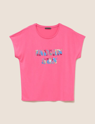 T-shirt col rond manches courtes brod&eacute; rose fushia femme