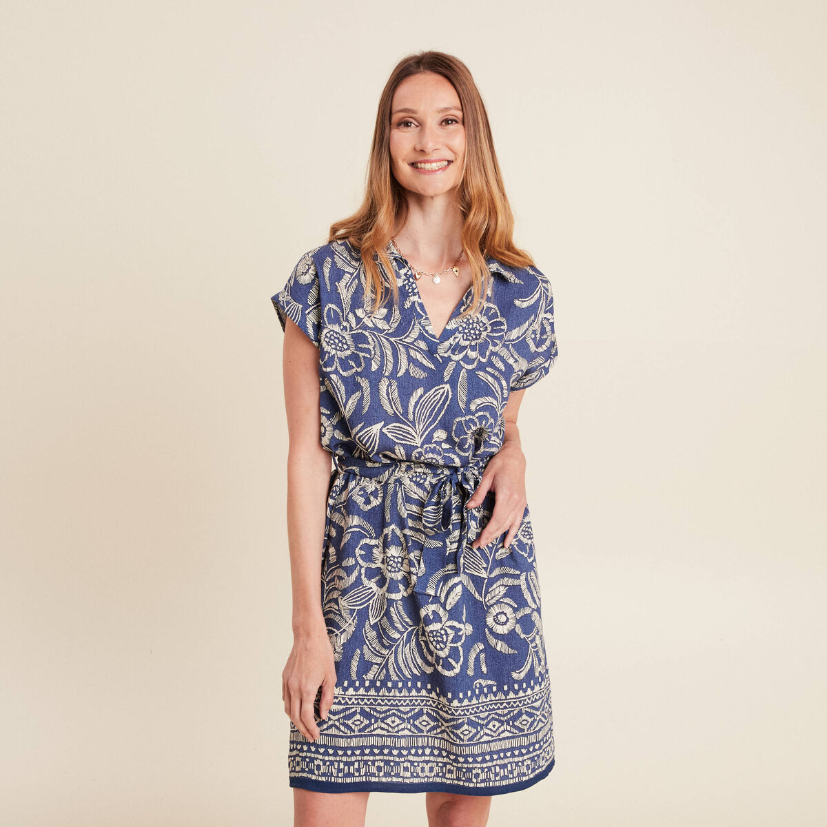 Robe droite courte manches courtes bleu femme