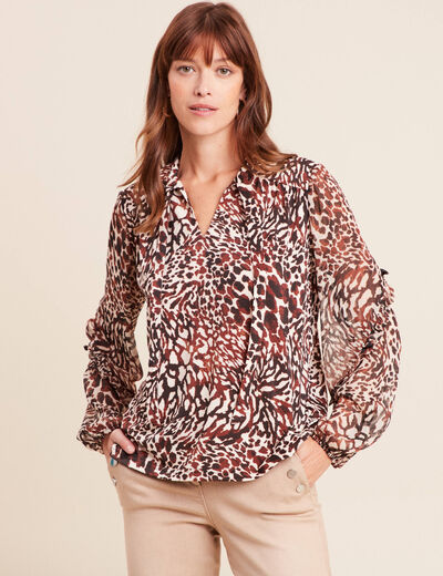 T-shirt manches longues col nou&eacute; marron femme