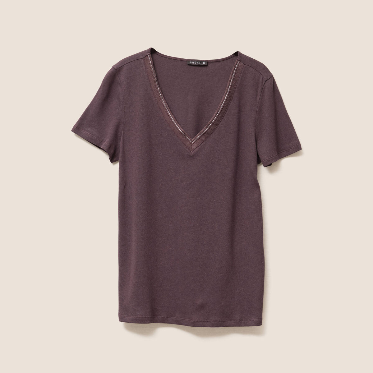 T-shirt manches courtes col en V marron foncé femme
