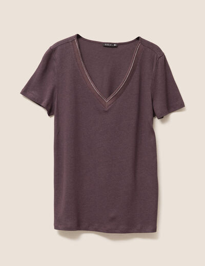 T-shirt manches courtes col en V marron foncé femme