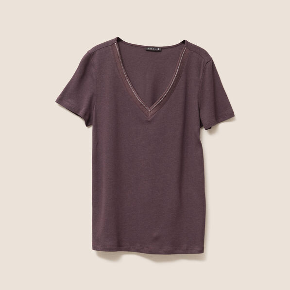 T-shirt manches courtes col en V marron foncé femme