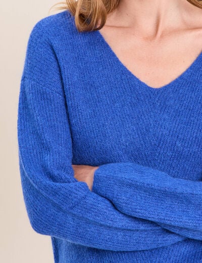 Pull col v bleu electrique femme