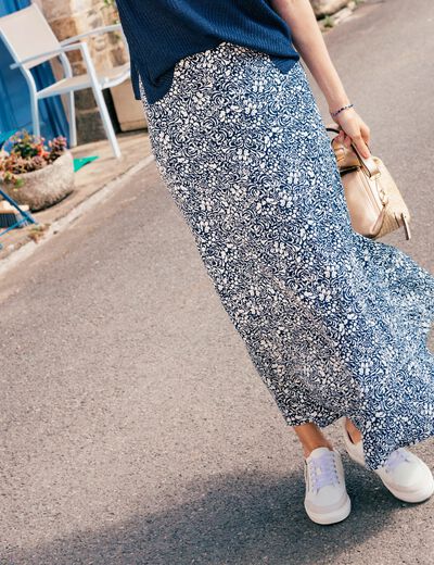 Jupe longue évasée bleu femme
