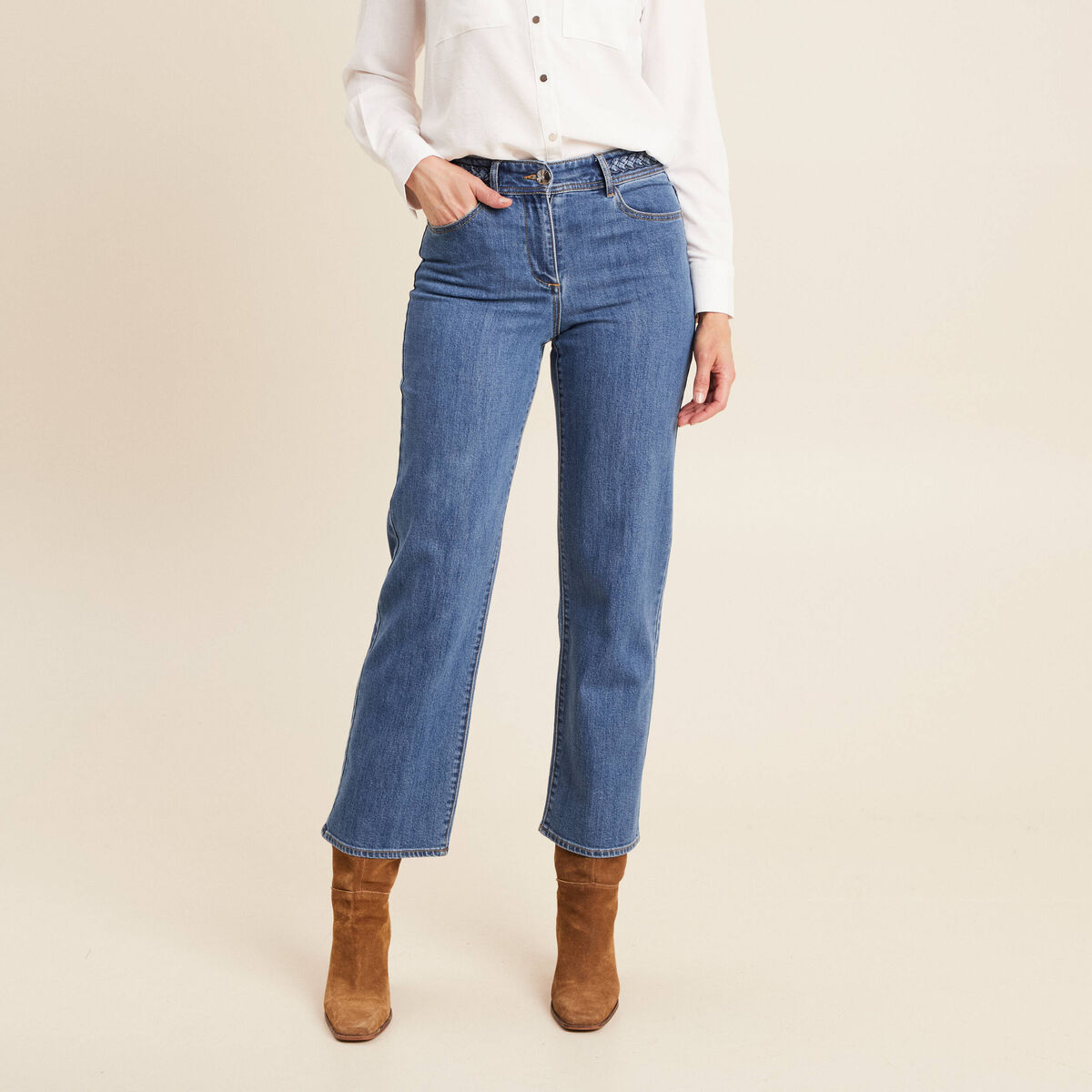 Jean large 7/8ème taille haute denim stone femme