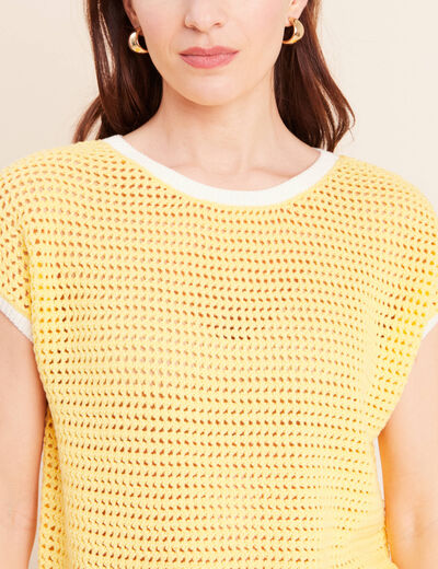 Pull ajour&eacute; sans manches col rond jaune pastel femme