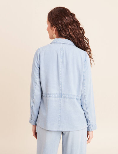 Veste longue cintr&eacute;e en jean doubl&eacute;e denim bleach femme