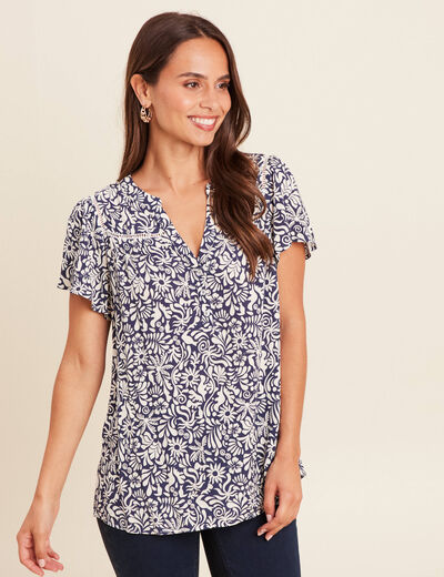 Blouse fluide col V manches courtes bleu femme