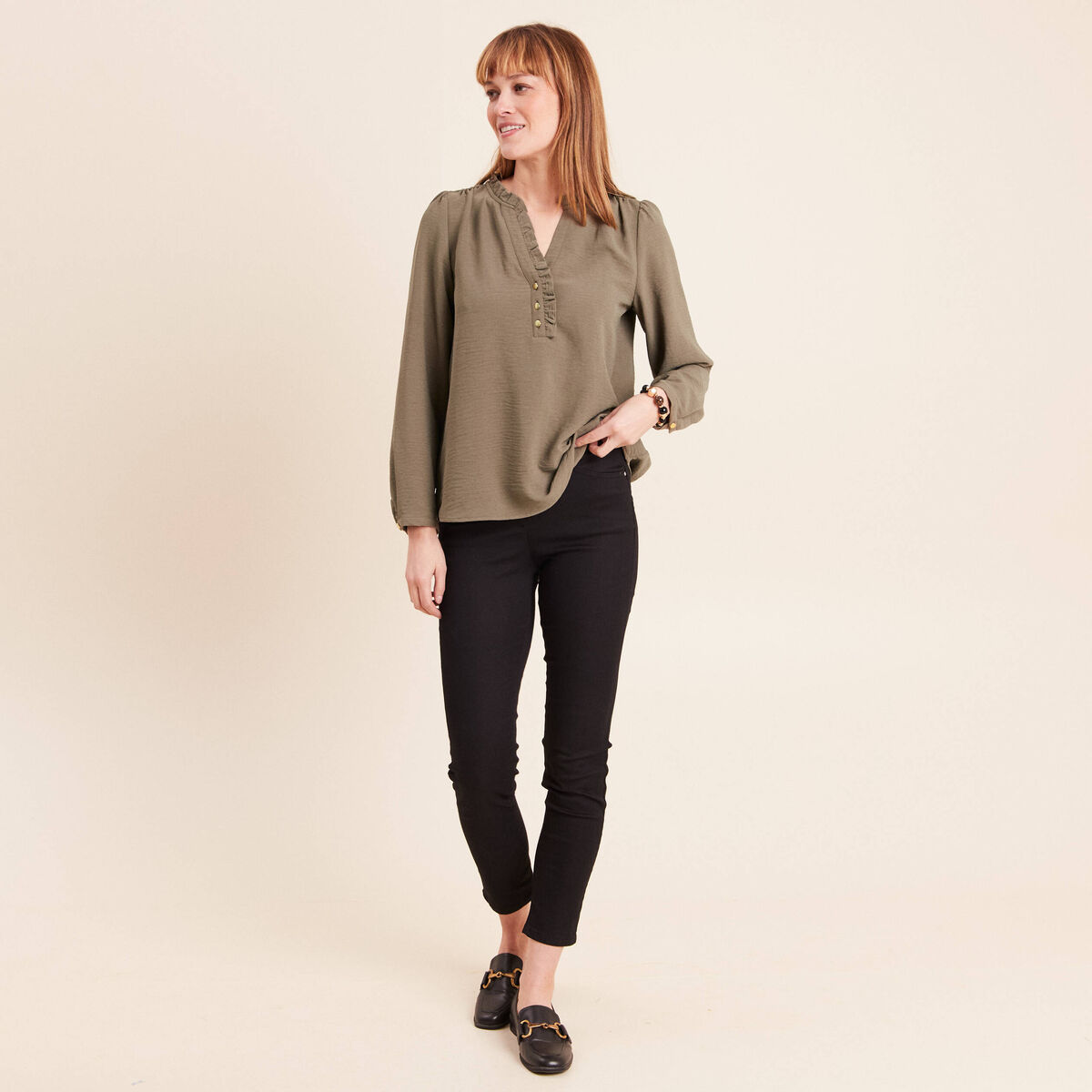 Blouse manches longues col ras du cou vert kaki femme
