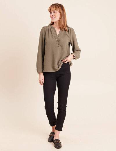 Blouse manches longues col ras du cou vert kaki femme