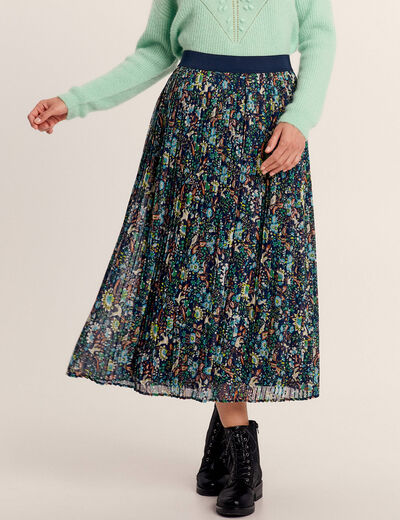 Jupe longue droite plissée bleu marine femme