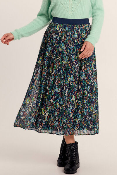 Jupe longue droite plissée bleu marine femme
