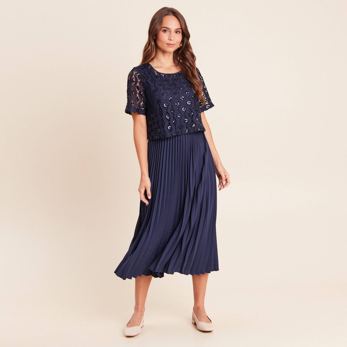 Robe 2 en 1 pliss&eacute;e col rond bleu marine femme