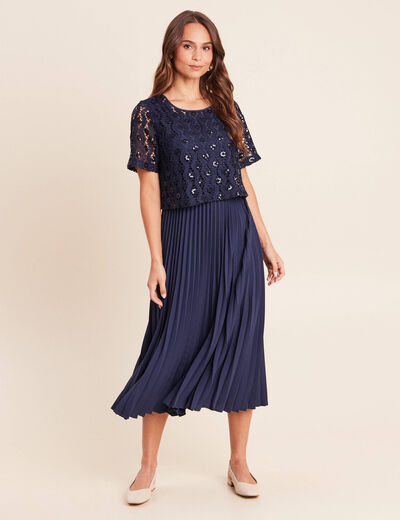 Robe 2 en 1 pliss&eacute;e col rond bleu marine femme