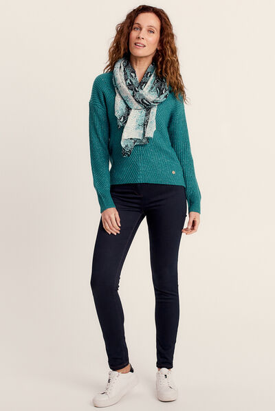 Pull manches longues col en V vert foncé femme