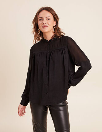 Chemise ample satin&eacute;e manches longues noir femme