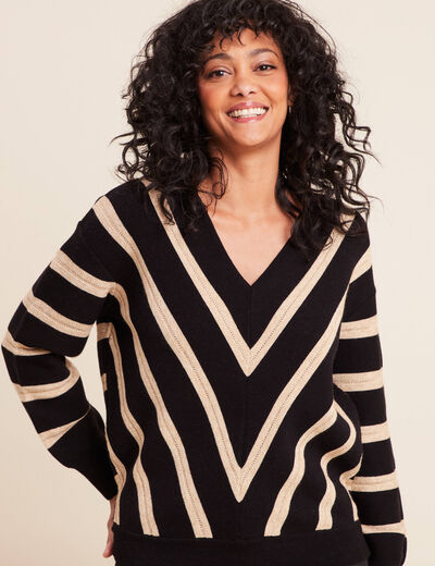 Pull droit court col v manches longues bleu femme