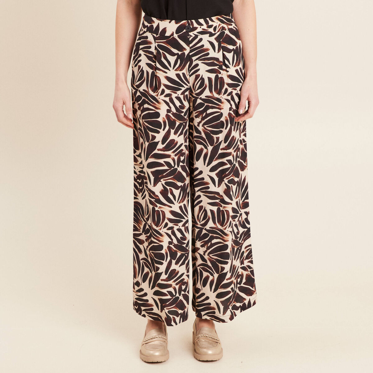 Pantalon fluide taille haute marron foncé femme