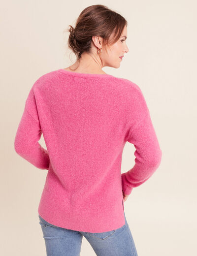 Pull col v manches longues rose fushia femme