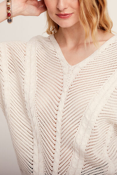 Pull manches 3/4 ajouré ecru femme