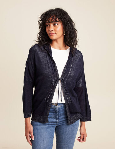 Gilet droit mi-long à capuche bleu marine femme