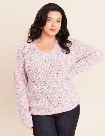 Pull droit long col v manches longues rose fushia femme