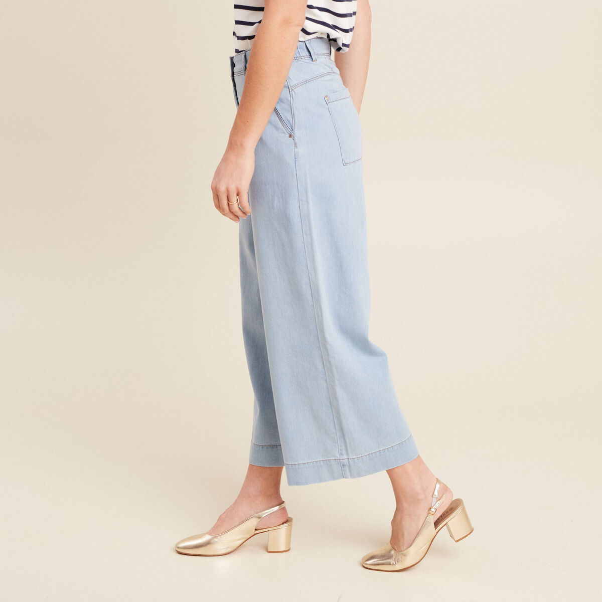 Jean large 7/8ème taille haute denim bleach femme