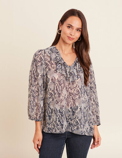Blouse ample col v en voile manches 3/4 beige femme