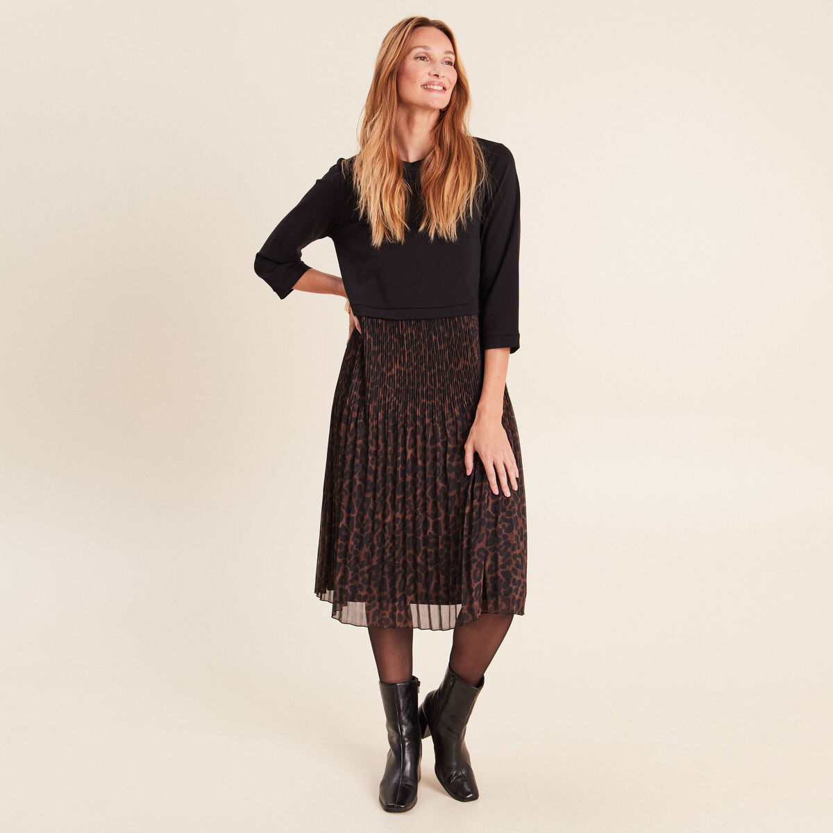 Robe bi-mati&egrave;re &eacute;vas&eacute;e col rond marron femme