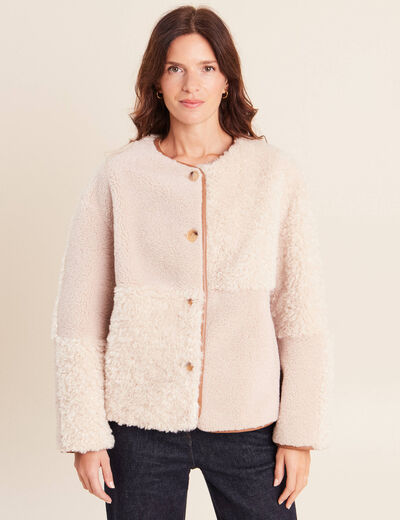Manteau manches longues fausse fourrure ecru femme