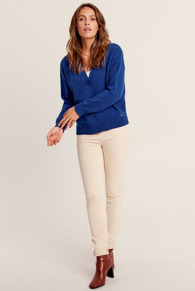 Gilet manches longues col en V bleu foncé femme