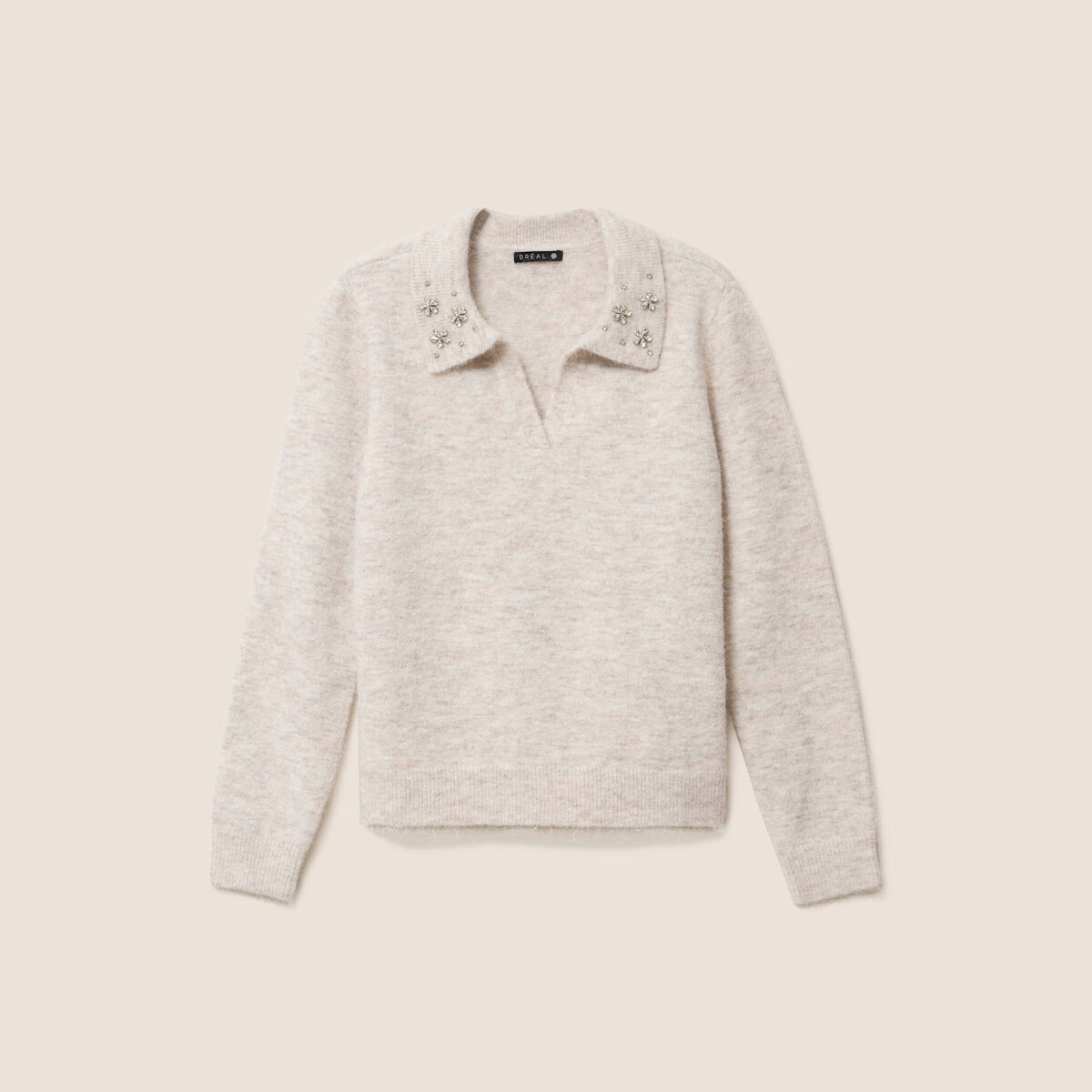 Pull col polo et d&eacute;tails bijout&eacute;s beige femme