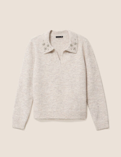 Pull col polo et d&eacute;tails bijout&eacute;s beige femme