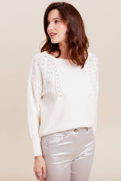 Pull manches longues strass ecru femme