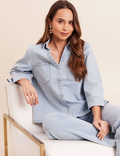 Chemise jean col chemise manches 3/4 blanc femme