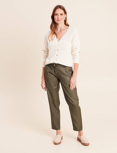 Pantalon coupe chino 7/8&egrave;me effet enduit vert kaki femme