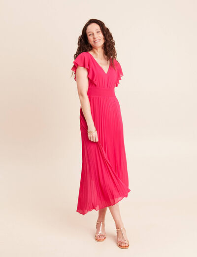 Robe longue &eacute;vas&eacute;e &agrave; volants rose fushia femme