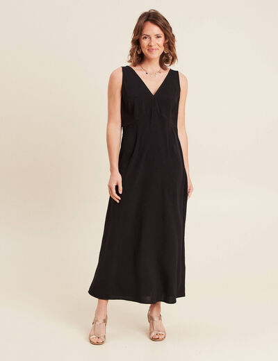 Robe longue fluide col V noir femme