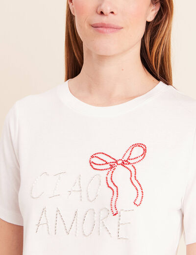 T-shirt col rond manches courtes brod&eacute; ecru femme