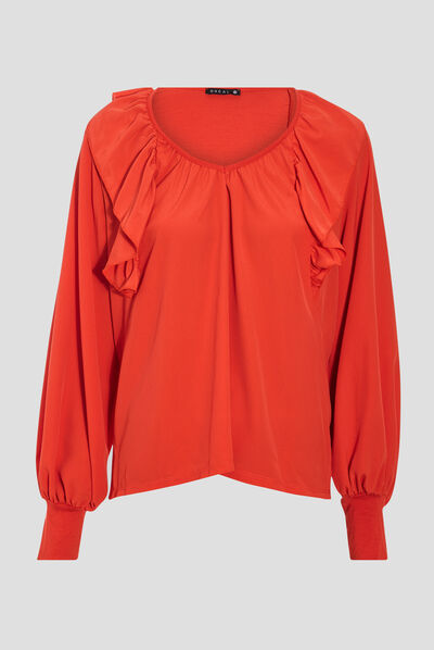 T-shirt manches longues rouge corail femme